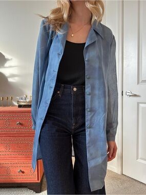70's Blue Two-Tone Button Down Vintage Longline Top